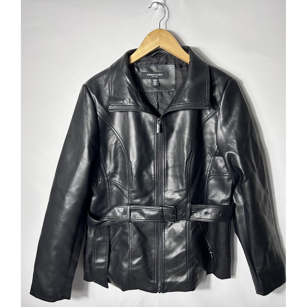 Kenneth Cole Jacket Womens Medium Black Faux Leather Belted Zip Moto Biker